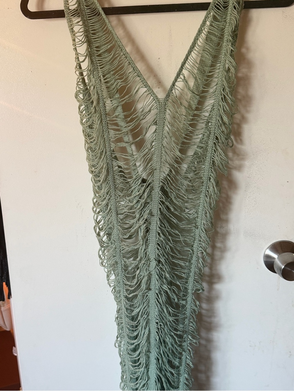 Open-Weave Fringe Cover-Up in Sage Green